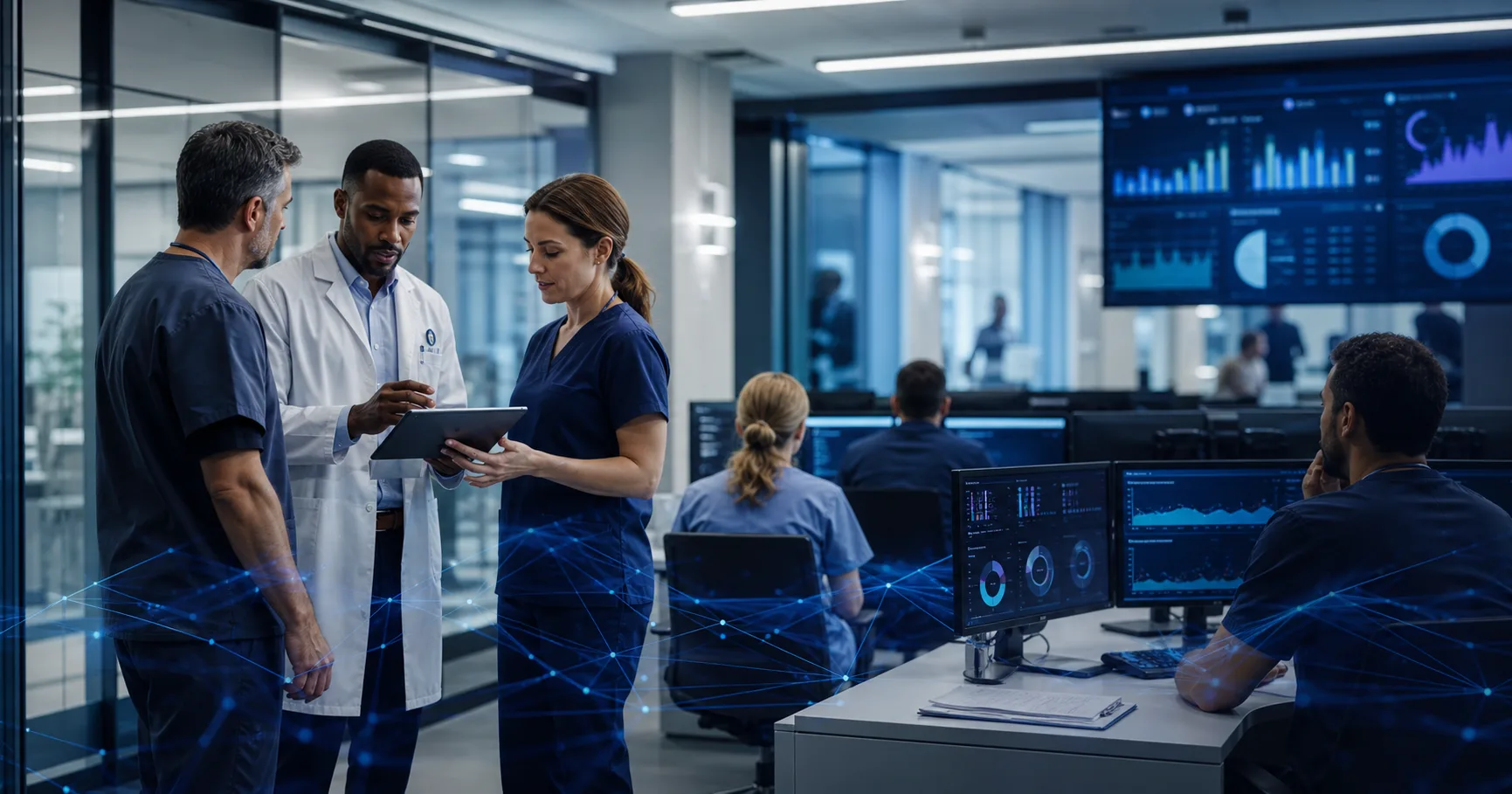 Healthcare team working in a connected clinical operations center